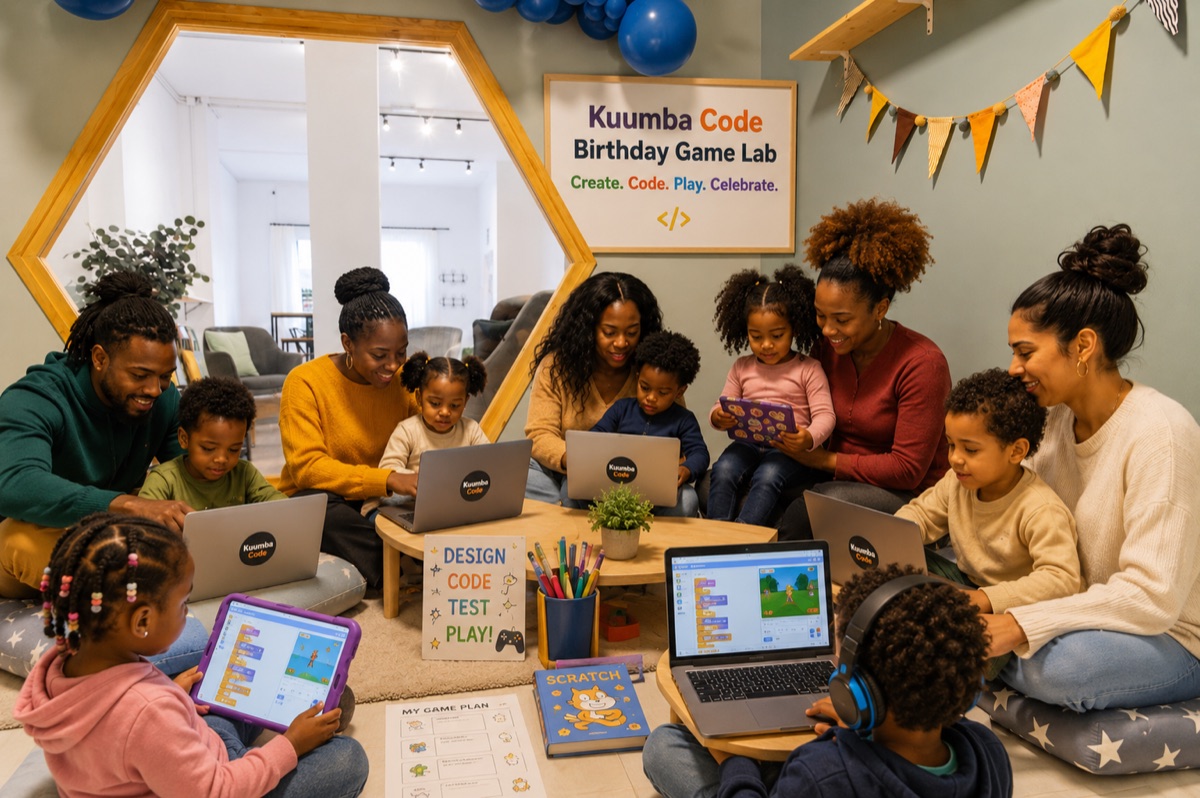 Children and parents at a Kuumba Code Birthday Game Lab, building games in Scratch on laptops